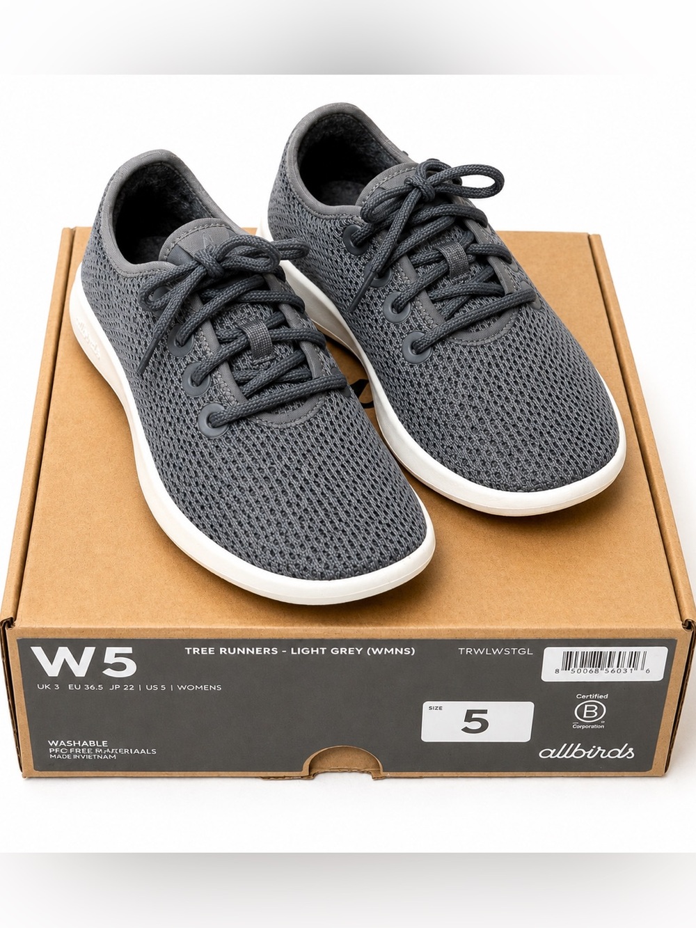 NWB Allbirds Tree Runner Sneakers Women’s Size 5 Mist Gray White Sole Shoes